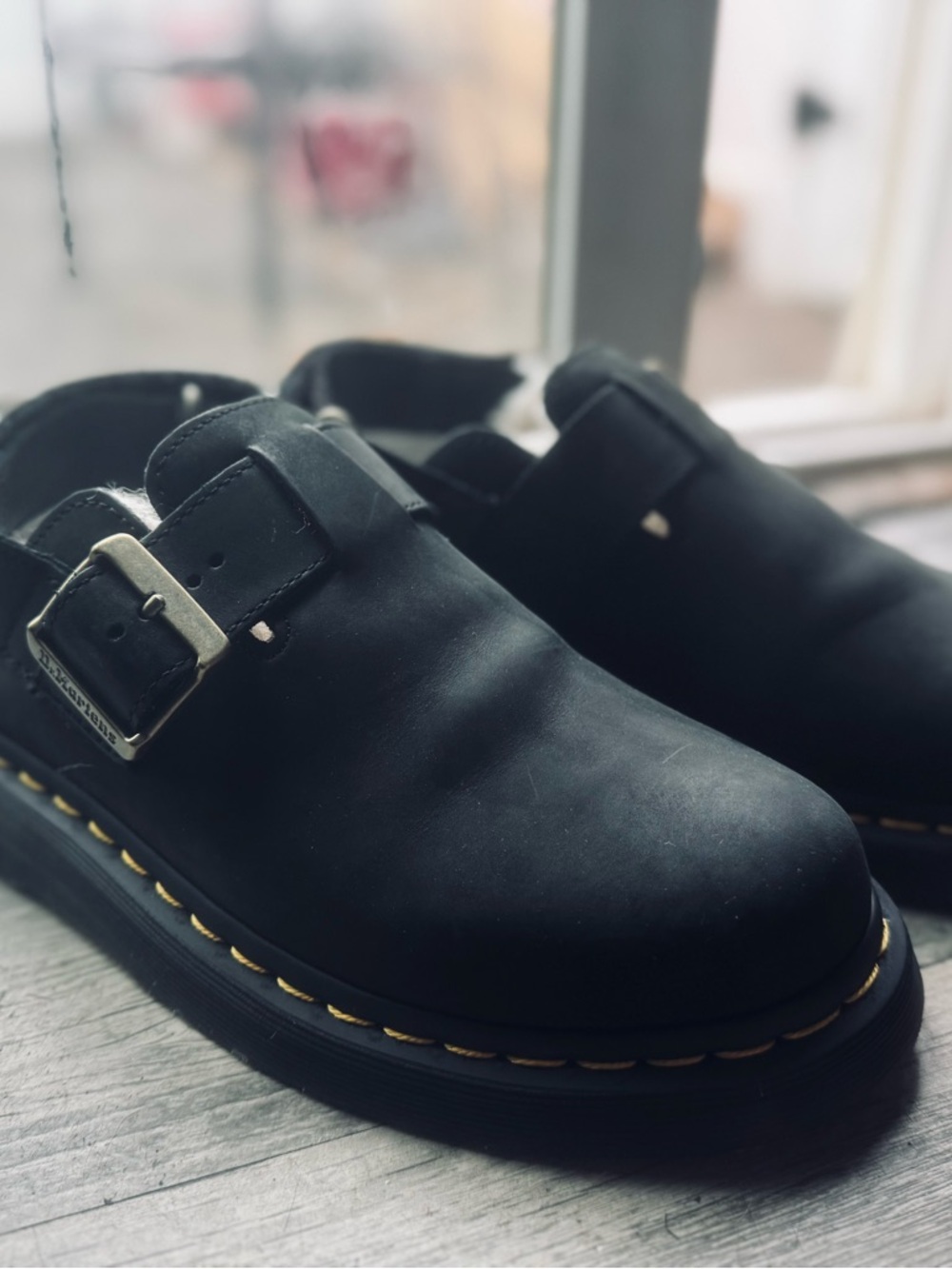 Dr. Martens Black Leather Buckle Slip-On Clog